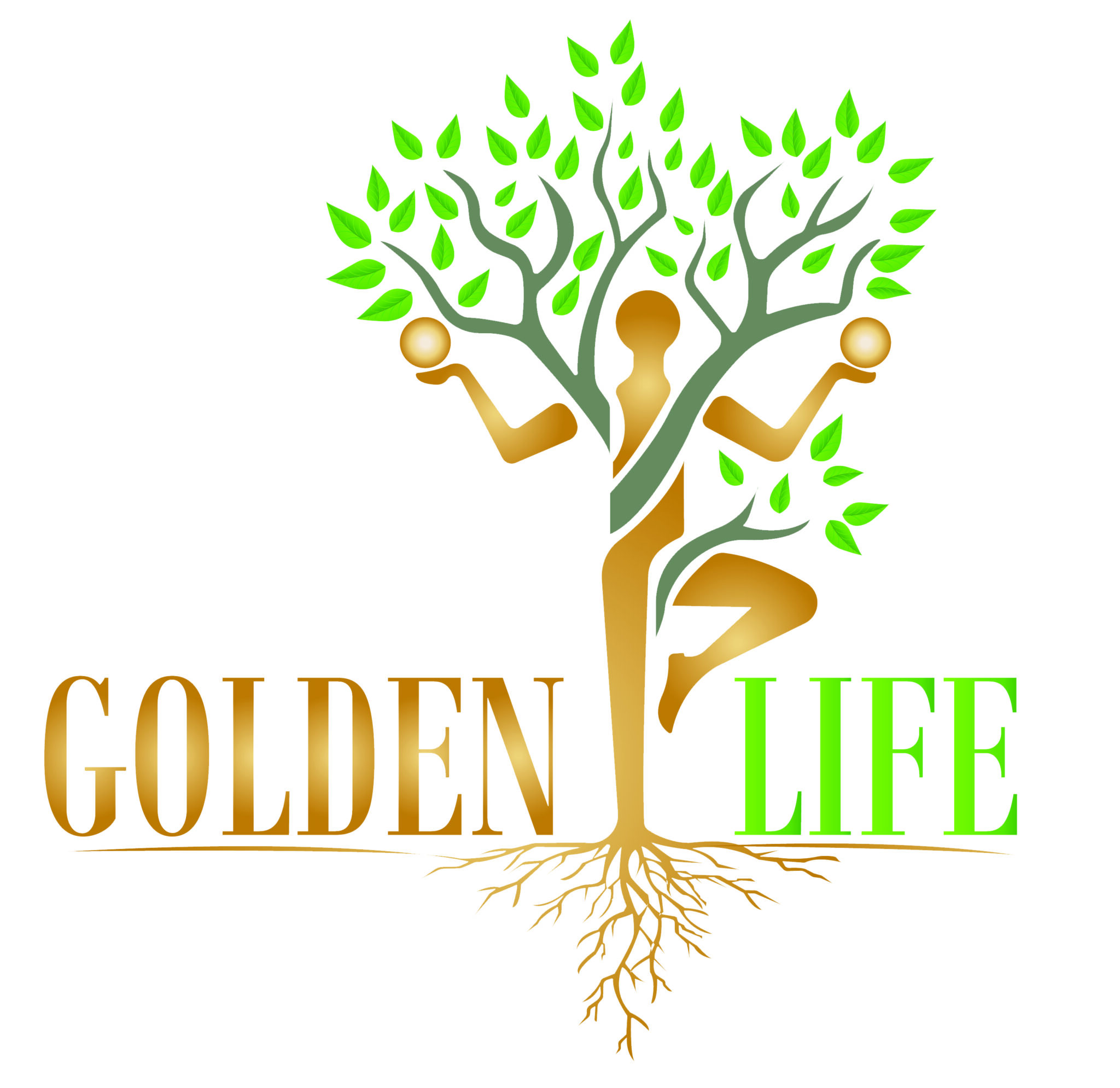 Golden Life logo with text in a gold-to-green gradient, featuring a golden tree with a figure holding golden orbs, interacting with the branches.