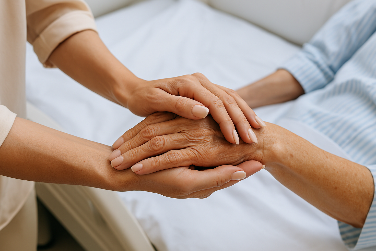 What is Hospice care about. Two hands holding and sharing a moment together